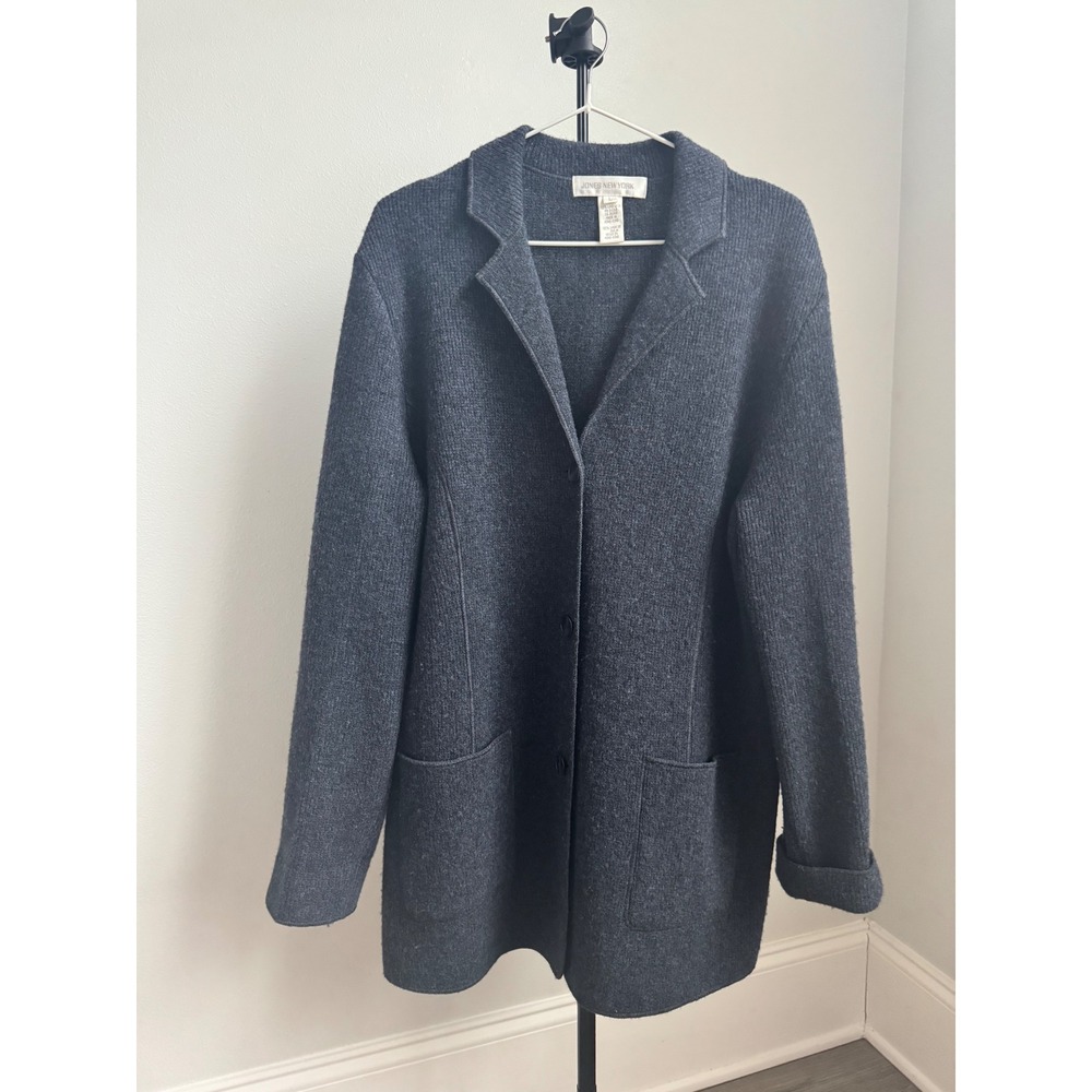 Vintage Jones New York 100% Lambswool Gray Knit Blazer Cardigan Jacket L